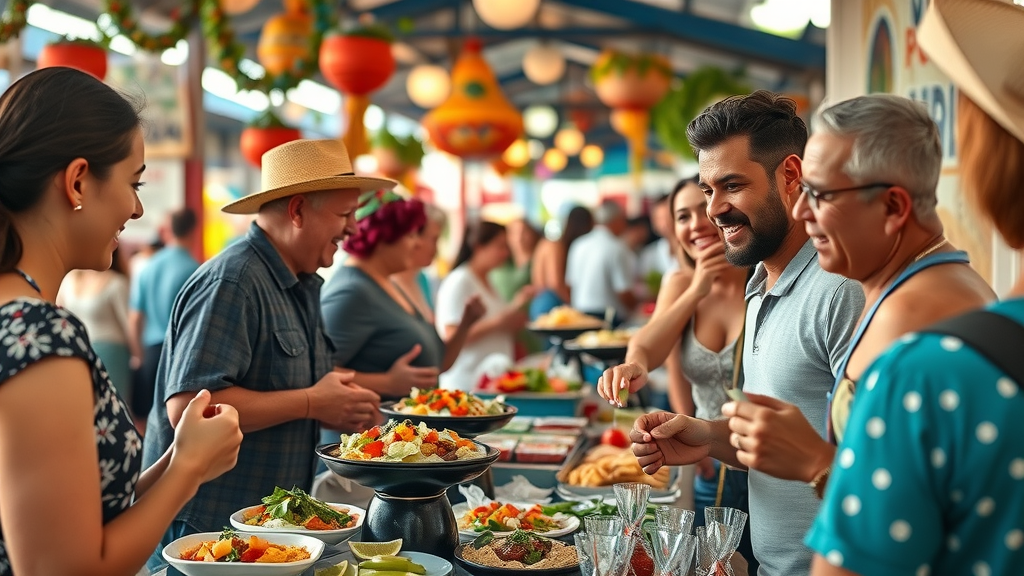 Vivid display of vibrant Cabo street food with joyful vendors and enthusiastic tourists enjoying diverse Cabo food recommendations at an open-air market