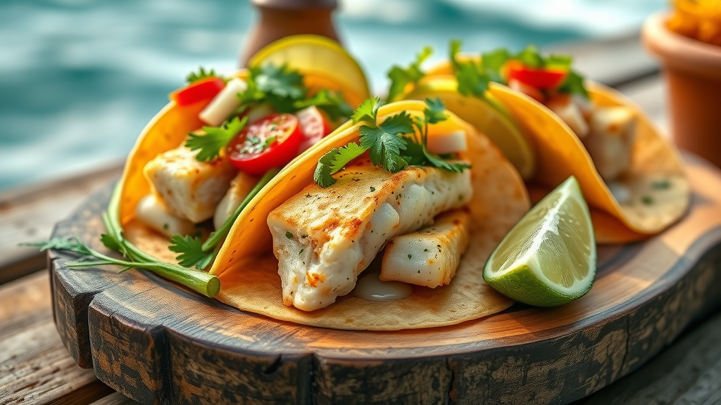 Mouthwatering close-up of Baja-style fish tacos on a rustic wooden plate, classic cabo food recommendation with vibrant fresh toppings