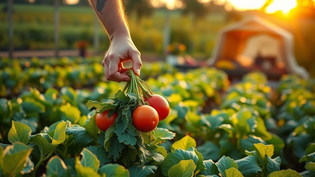 Serene organic farm in Cabo with chef handpicking fresh vegetables for a field kitchen meal, highlighting farm-to-table Cabo food recommendations