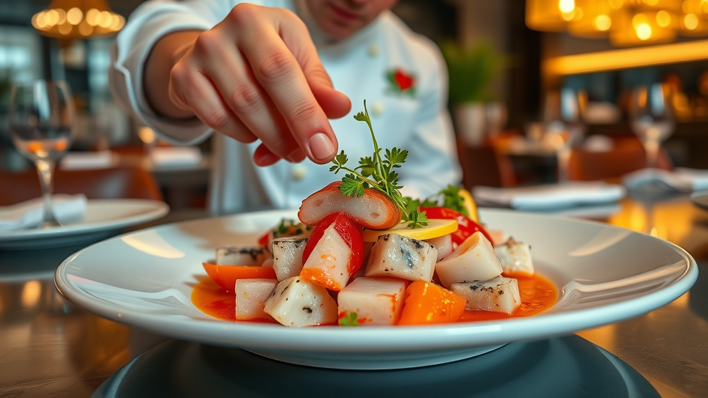 Elegant plated ceviche in San Jose del Cabo, garnished with fresh herbs, top Cabo food recommendation in an upscale setting