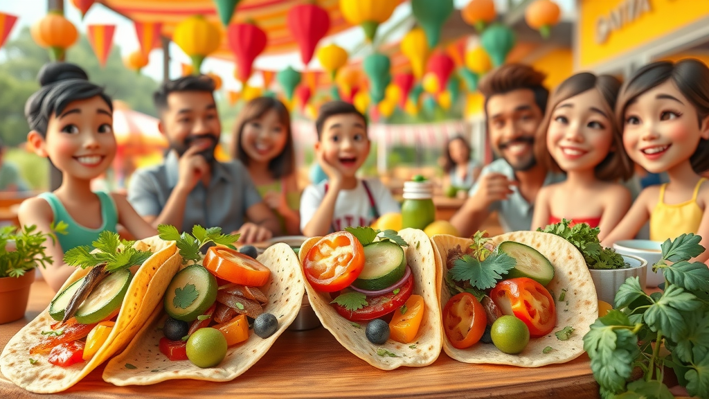 Colorful farm-to-table vegetable tacos, a vibrant vegetarian Cabo food recommendation enjoyed by diners on a festive patio