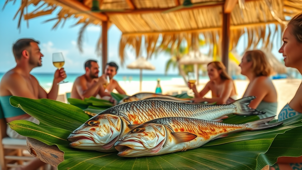 Sunny beachside seafood scene in Los Cabos with grilled snapper, a top Cabo food recommendation for ocean lovers