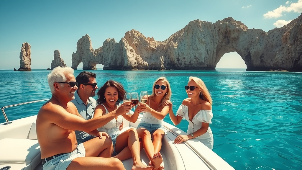 Luxury yacht cruising near Cabo San Lucas with happy guests celebrating and scenic ocean views - yacht rental cabo reviews photo