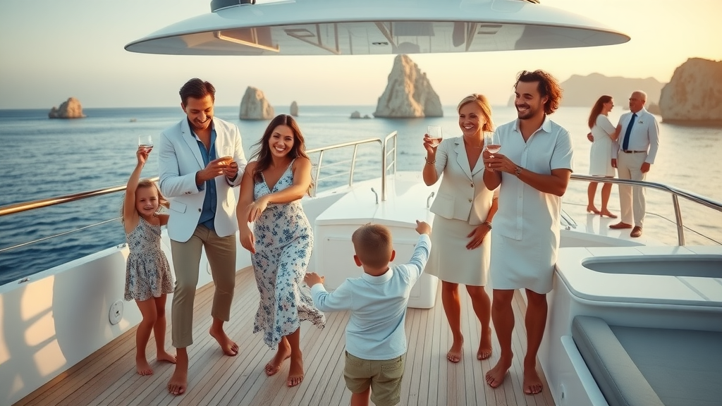 Elegant family enjoying a safe luxury yacht charter in Cabo San Lucas - inclusive, attentive crew, kids at play