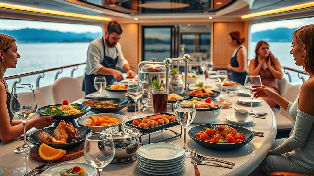 Gourmet meal service on Cabo San Lucas yacht charter - professional chef, happy guests, luxurious atmosphere