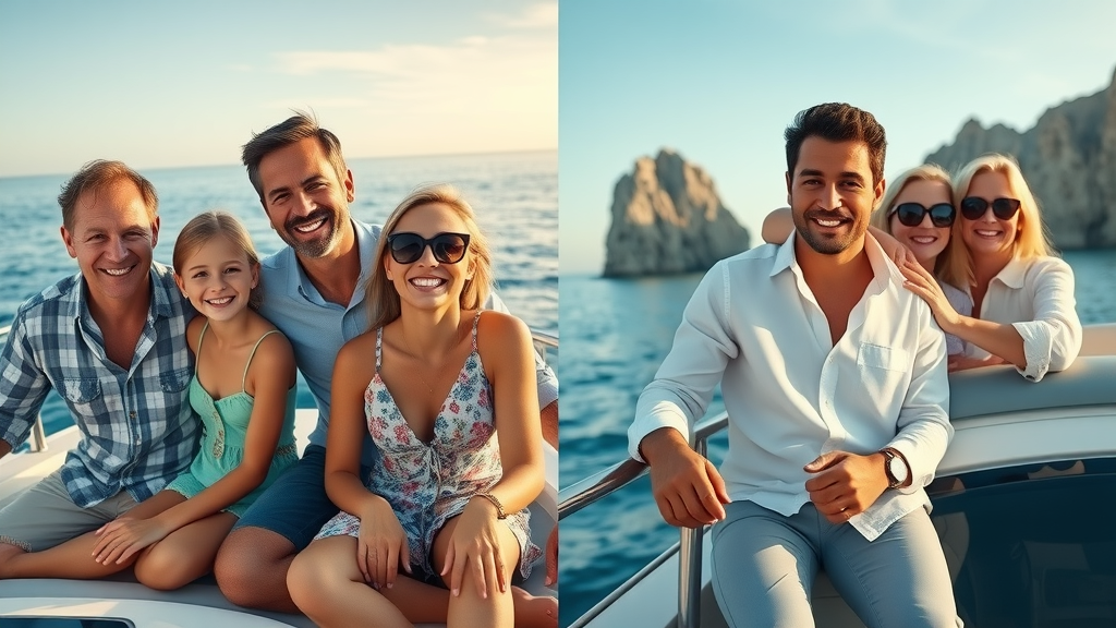 Side-by-side of affordable family yacht rental and luxury Cabo San Lucas yacht charter - relaxed guests and scenic coast