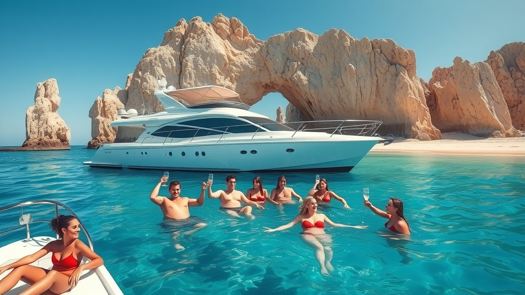 Luxury yacht anchored by the Arch of Cabo San Lucas - guests sunbathing and swimming, vibrant celebration, scenic coastline