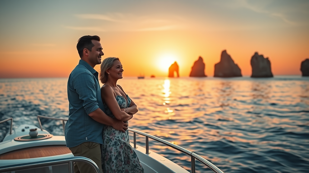 Serene sunset with satisfied couple on luxury yacht in Cabo San Lucas - trust real yacht rental cabo reviews