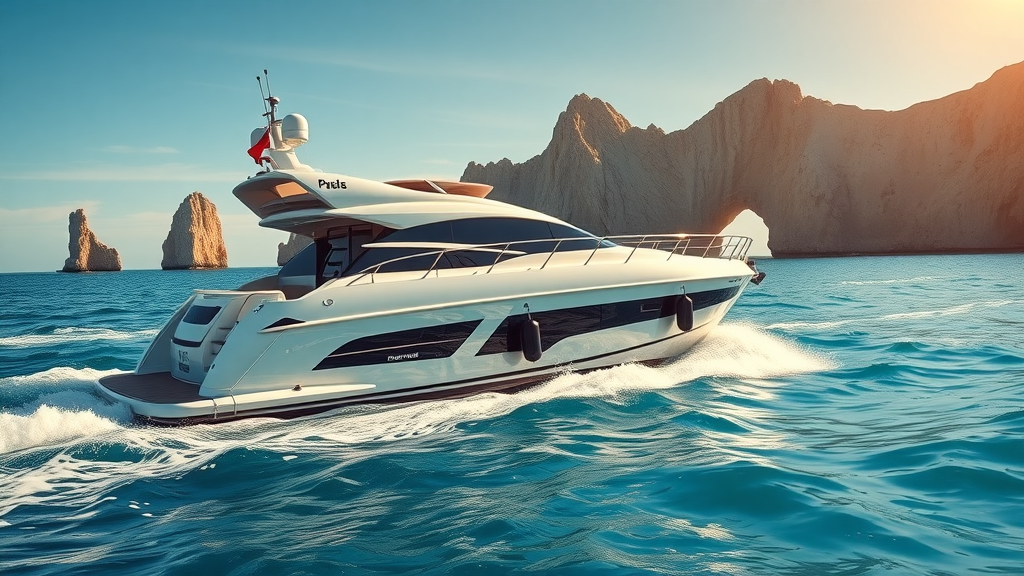 gleaming luxury yacht with dramatic Cabo San Lucas coastline and arches in the background, turquoise waters sparkling, golden hour sunlight — ideal setting for a Cabo yacht rental company experience