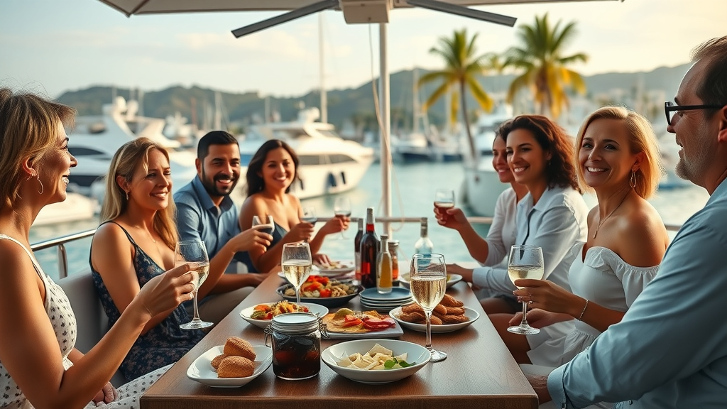 inviting open yacht deck in Cabo marina, diverse group enjoying drinks with ocean view, luxurious spread — showcase of Cabo yacht rental companies