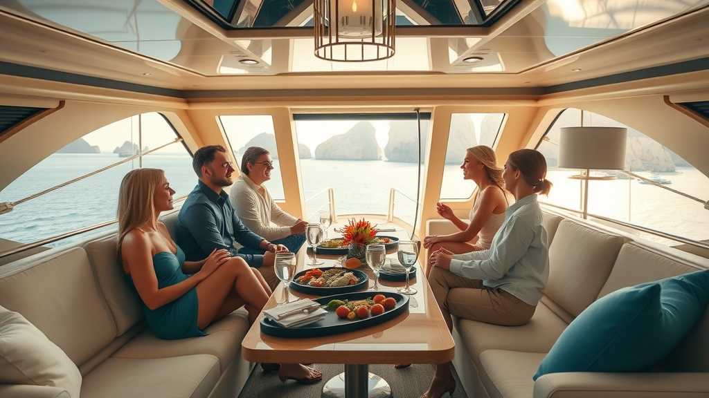 luxury yacht interior in Cabo San Lucas—plush seating, guests enjoying a catered lunch, panoramic ocean views, sunlight streaming through wide windows