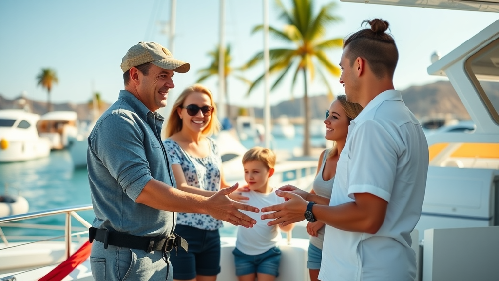 friendly, professional yacht crew in Cabo welcoming a family onboard and giving a safety demonstration, palm-fringed marina as backdrop