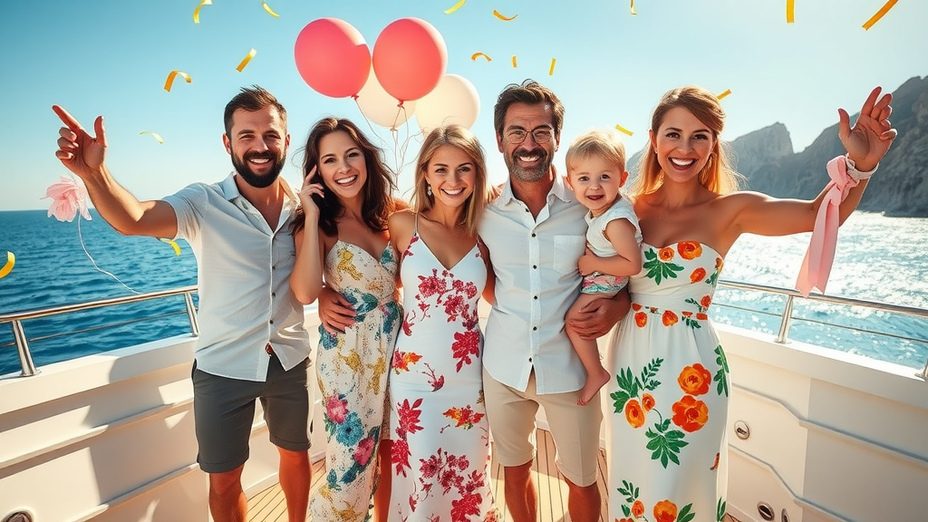 happy families and couples celebrating with confetti and balloons on Cabo yacht, sparkling blue water and iconic coastline in the background