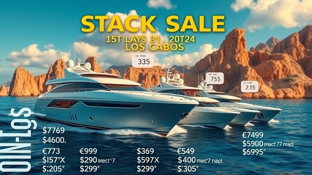 sleek graphic of yacht sizes with clearly marked price ranges, Los Cabos coastline in background for visualizing Cabo yacht rental costs