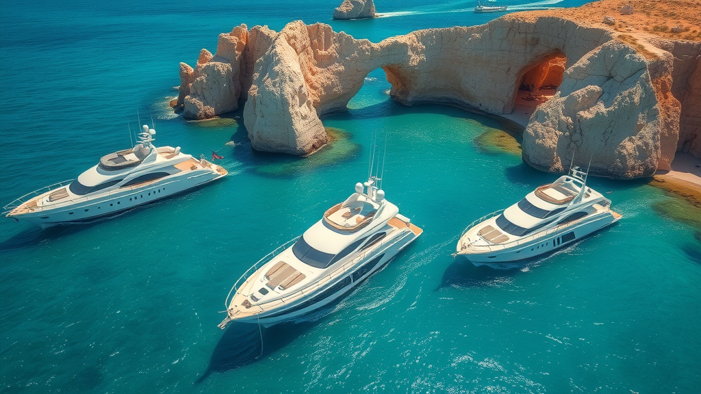 Vibrant aerial view of luxury yachts anchored in the turquoise waters of Cabo San Lucas, cheerful atmosphere, yachts gently bobbing, iconic Cabo arch and rocky cliffs in background, sparkling sea, bright and vivid colors, natural daylight