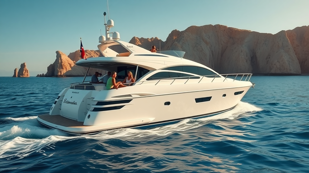 Elegant luxury yacht cruising the Baja California coastline, sophisticated guests relaxing on deck, clear blue sea with sunlit cliffs in background, luxury yacht charter in Cabo