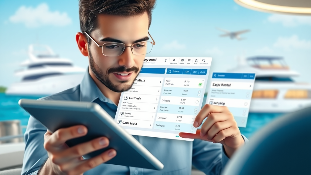Modern booking interface with user browsing luxury yacht rental options in Cabo on a tablet, highly detailed, blue and silver tones