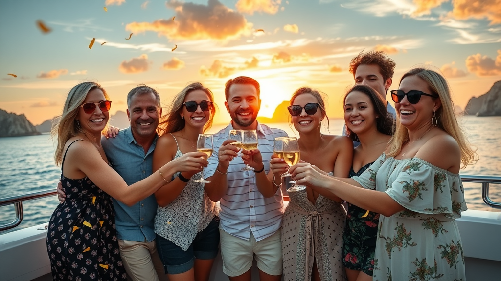 Happy group of friends celebrating on the deck of a luxury yacht at sunset, with Cabo San Lucas coastline in background, joyful atmosphere