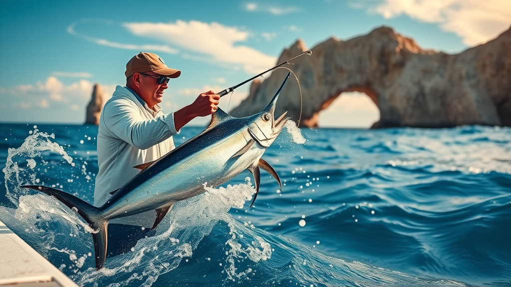 Expert angler reeling in giant marlin on Cabo San Lucas coastline with the iconic Arch in the background. Marlin fishing Cabo scene with dynamic water and golden hour lighting.