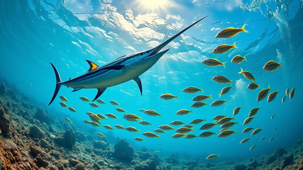Marlin swimming with schools of baitfish in the vibrant Sea of Cortez marine ecosystem, Cabo San Lucas. Dynamic undersea scene highlighting the unique ecology for marlin fishing Cabo.