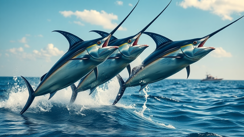 Dynamic display of blue marlin, striped marlin, black marlin, and white marlin leaping side by side in open Pacific waters off Cabo San Lucas. Showcasing the variety of marlin fish available in marlin fishing Cabo.