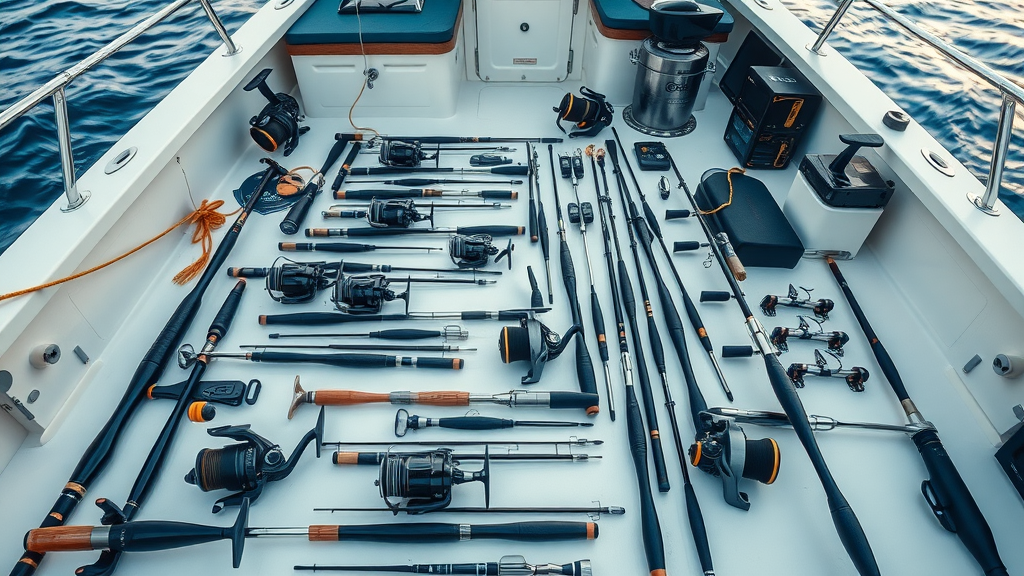 Modern fishing equipment spread on deck of a Cabo San Lucas charter boat, including rods, reels, and electronics. Essential gear for marlin fishing Cabo.