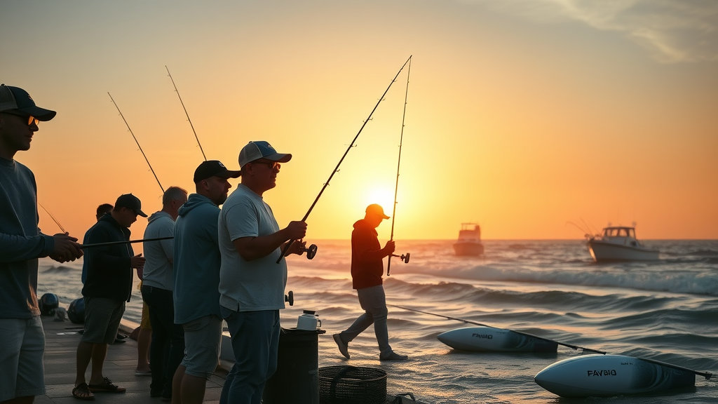 Enthusiastic group of anglers preparing gear at sunrise in Cabo San Lucas, ready for a marlin fishing adventure. Inspiring dawn scene with the golden horizon and silhouetted boats.