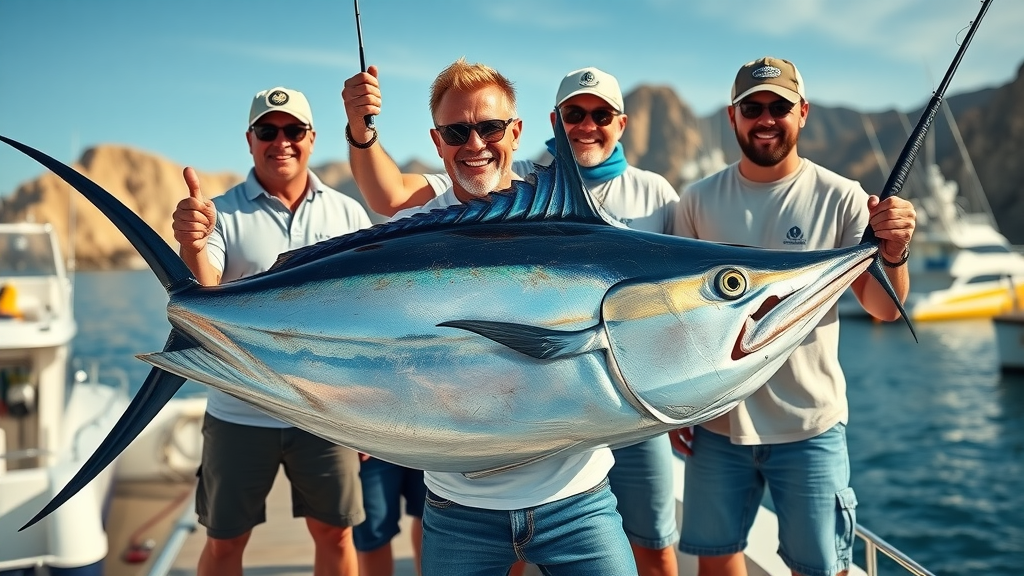 Triumphant angler and crew with trophy marlin on deck at Cabo marina, smiling under the sun. Iconic scene from a successful marlin fishing Cabo trip.