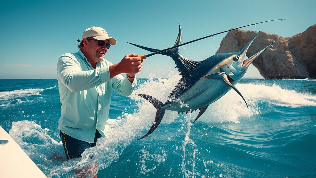 exciting action shot fisherman reeling in large marlin cabo fishing charters turquoise pacific waters lands end rock arch highly detailed marlin leaping ocean blues dynamic sunlight