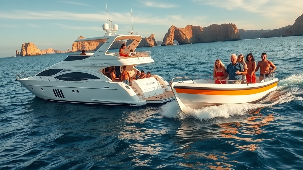 luxury cabo fishing charters pristine luxury yacht local panga colorful boats relaxed smiling groups sparkling cabo coastline