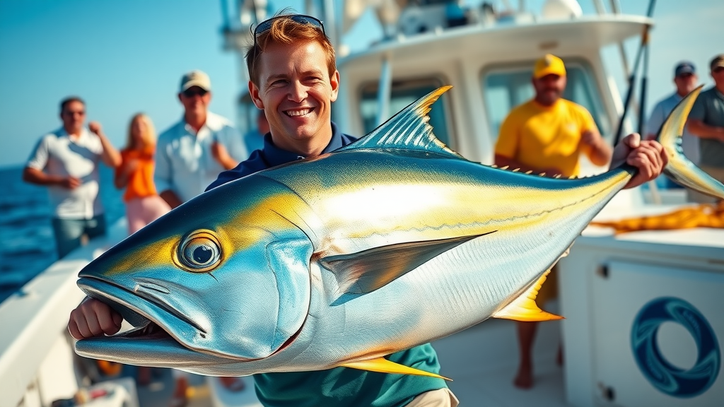 satisfied angler posing impressive yellowfin tuna cabo fishing charters photorealistic open deck boat celebratory crew detailed fish scales saturated blue yellow colors daylight