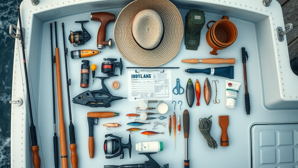 essential gear cabo fishing charters rods reels lures sun hat sunscreen fishing license practical ready highly detailed boat deck nautical blues