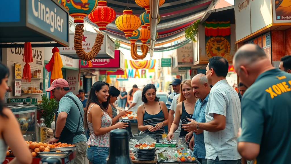 Vibrant bustling street food market in Cabo San Lucas, joyful vendors and locals interacting - cabo street food