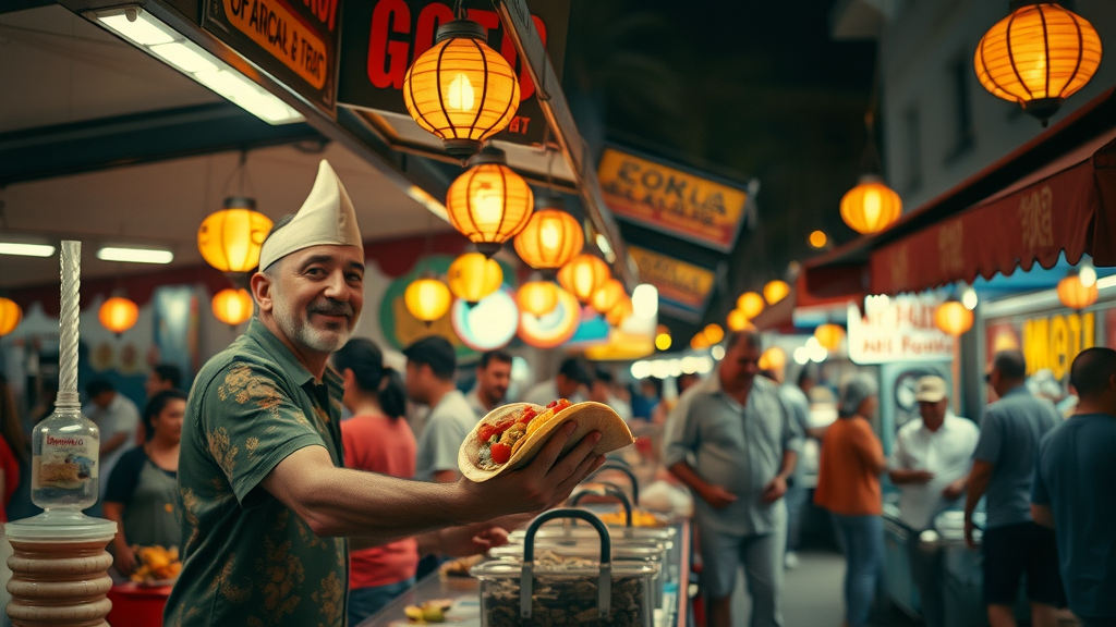 Careful tourist selecting food at a busy Cabo street food stall, scrutinizing fresh ingredients