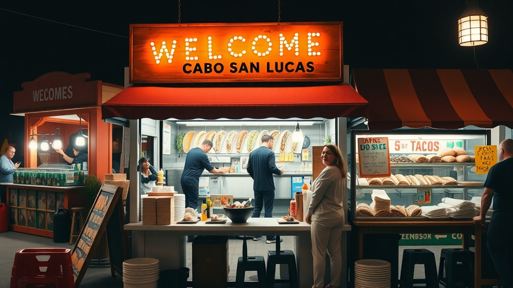 Iconic Cabo San Lucas night market food stall with welcoming vendor and glowing taco display - cabo street food