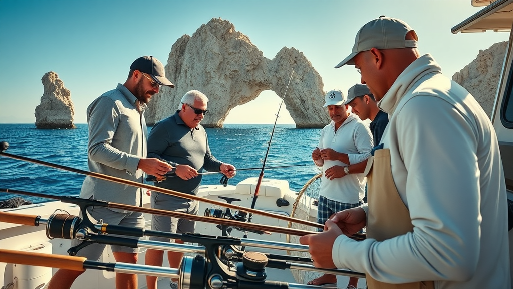 Enthusiastic anglers examining high-quality fishing gear for Cabo on a vibrant dock in Cabo San Lucas with the iconic arch, deep blue ocean background, and sparkling golden hour sunlight.