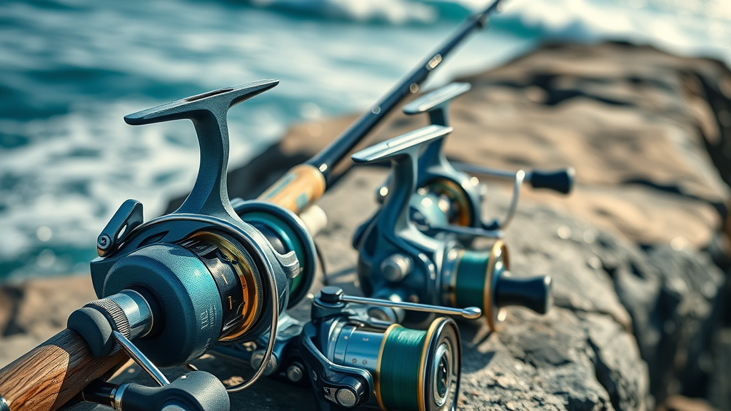 Fishing charter scene in Cabo San Lucas showing anglers collaborating and arranging quality rods and reels with the Pacific Ocean and iconic arch in the background.
