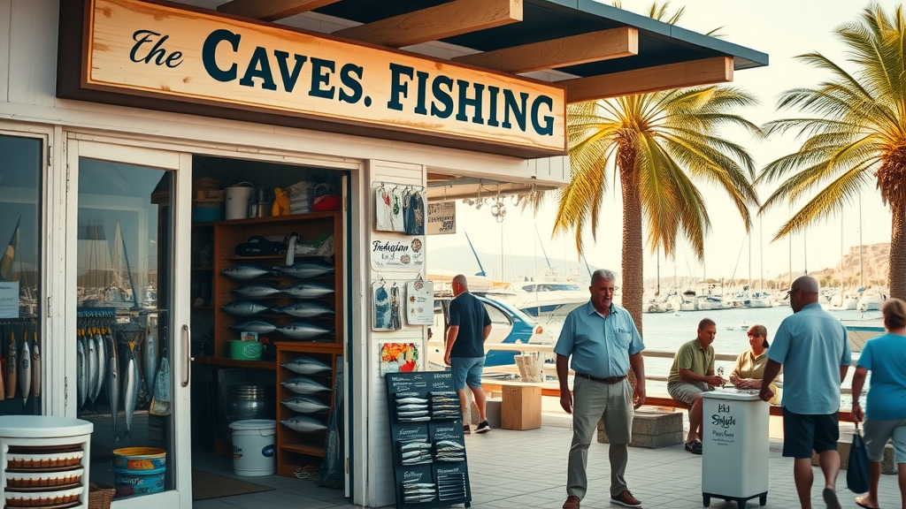 Array of fishing accessories including gaffs, pliers, tackle boxes, and sun protection gear neatly arranged on a fishing boat deck with the turquoise Sea of Cortez behind.