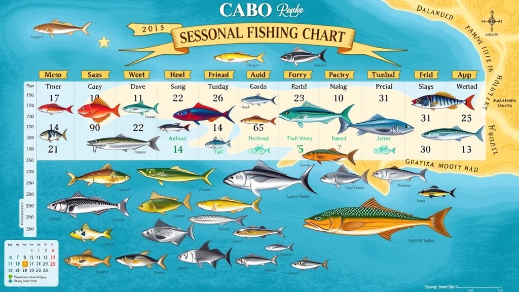 Colorful seasonal fishing chart for Cabo with various fish species and calendar motifs set against a stylized map background showing the Cabo coastline.
