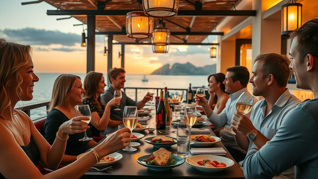 Vibrant upscale Cabo restaurant scene, lively guests enjoying gourmet cuisine, open-air terrace with sea view, fine dining cabo, elegant decor, ambient sunset lighting