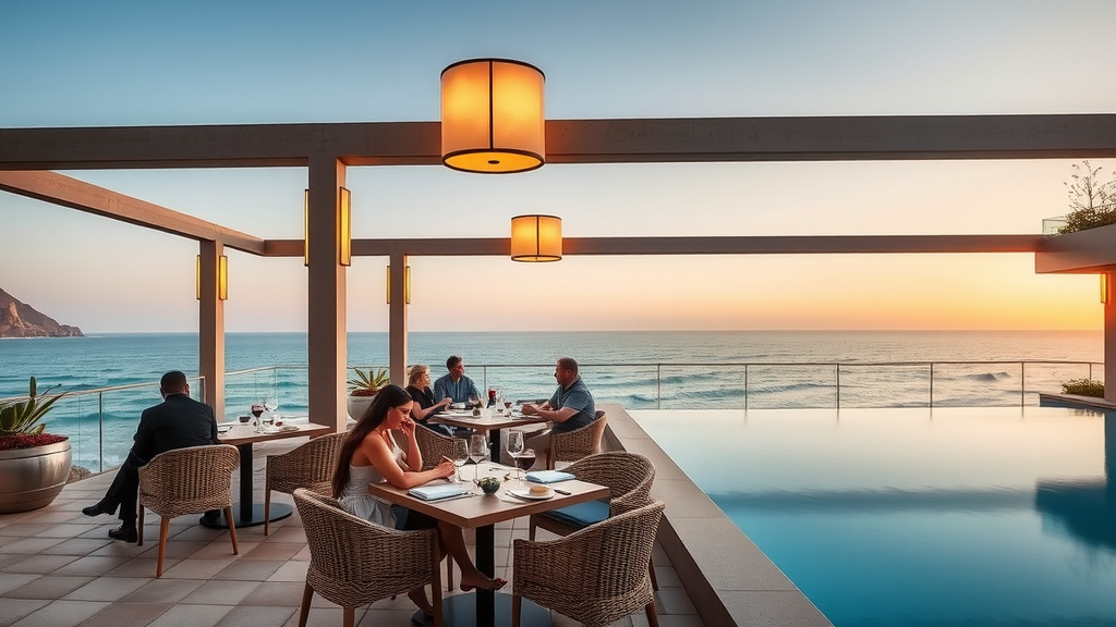 Elegant luxury resort outdoor dining terrace, guests enjoying oceanfront fine dining cabo, modern setting with infinity pool, boutique hotel ambience