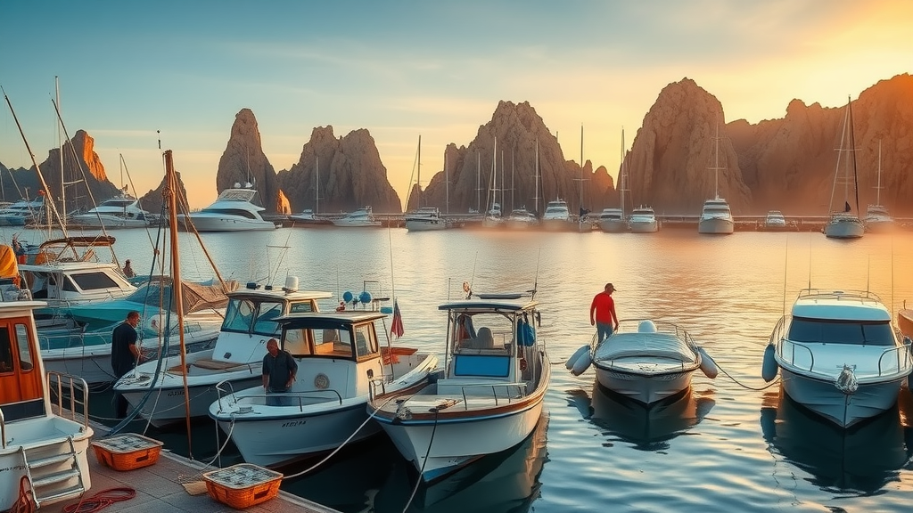 Cabo fishing seasons marina sunrise with fishermen and boats, golden hour over the marina, distinctive rock formations and yachts in Cabo San Lucas