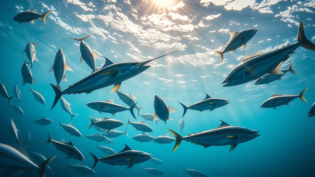 Underwater view of marlin and tuna during Cabo fishing seasons, vibrant marine life and blue sea, sunbeams through clear water, Cabo San Lucas ecosystem