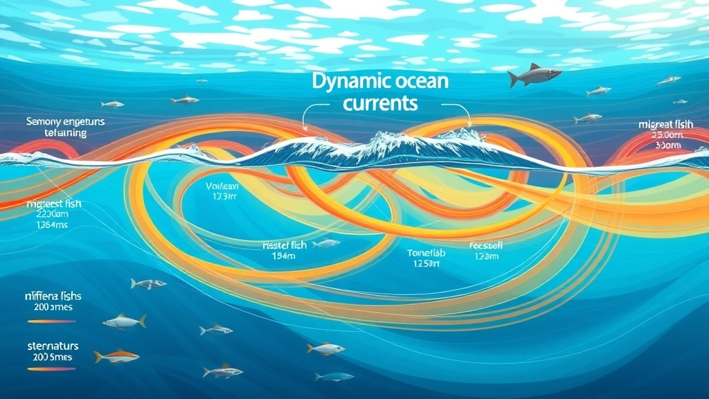 Cabo ocean currents, migration patterns, water temperature infographic, showing migratory fish paths and environmental dynamics during fishing seasons in Cabo San Lucas