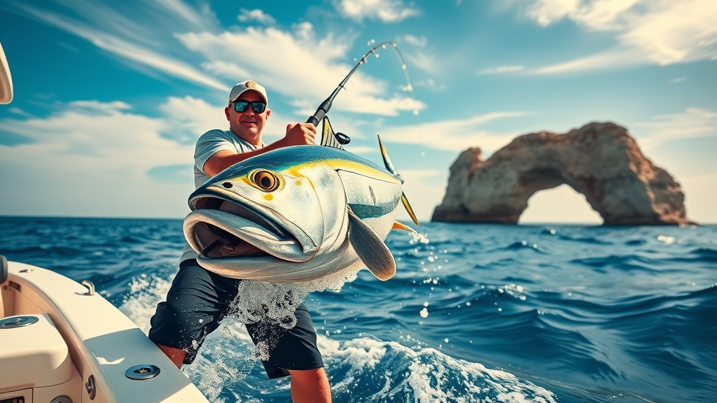 Action scene of angler reeling in a massive yellowfin tuna on a fishing yacht off Cabo, ocean backdrop, famous arch and sky, Cabo fishing seasons highlight