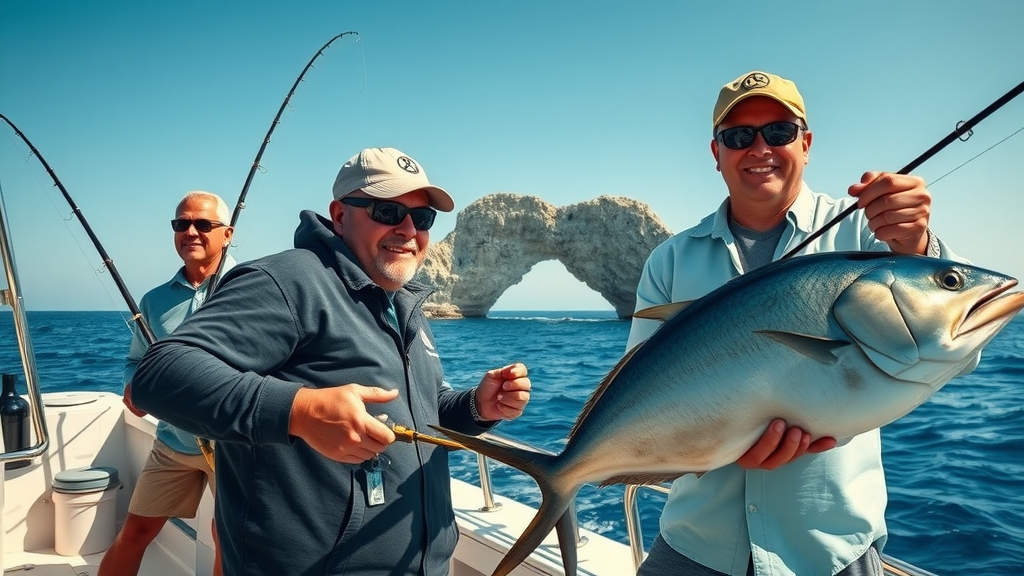 Deep sea fishing charter crew in Cabo San Lucas ready for offshore giants, top-tier gear, fishing lines taut, ocean and iconic Cabo arch in background