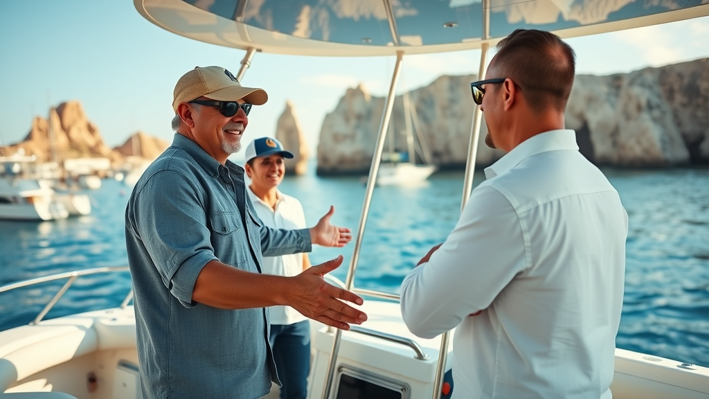Friendly Cabo fishing charter captain greets guests on yacht, marina and iconic Cabo arch in the background, sunny day, relaxed fishing trip vibe