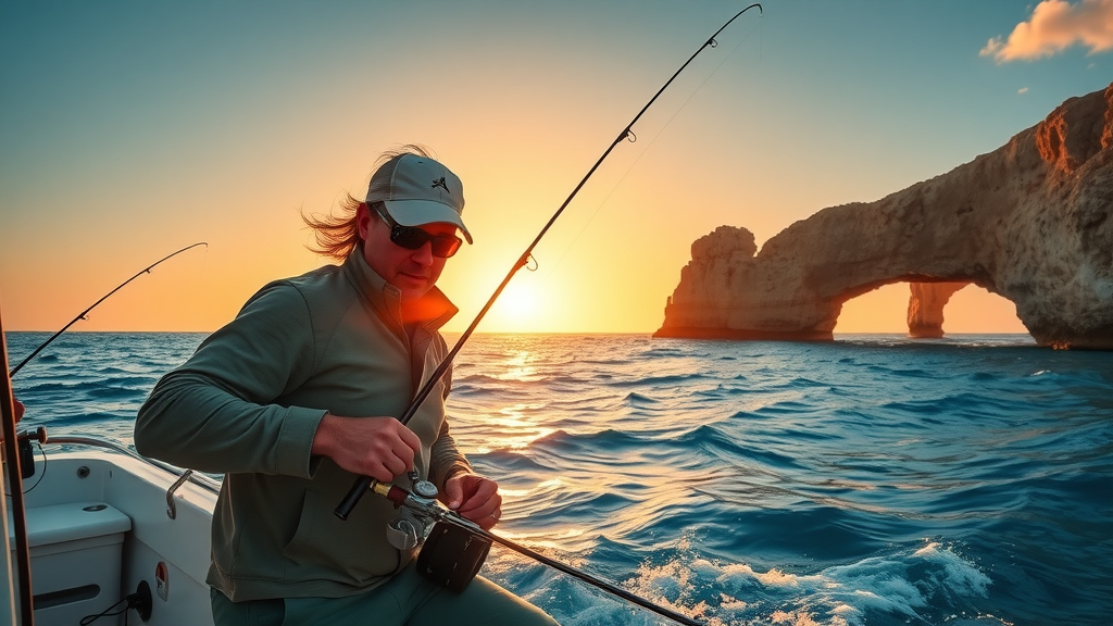 Vivid sunrise over the Sea of Cortez, determined anglers preparing rods for Cabo fishing techniques, excitement on their faces, iconic Cabo arch in background