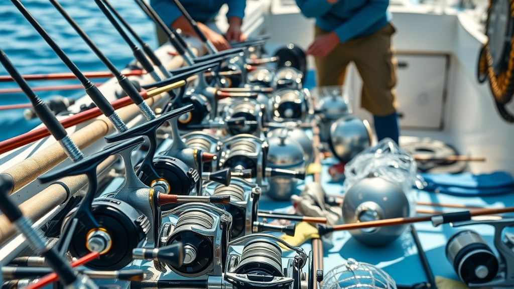 Professional fishing tackle with rods, reels, and sparkling lures arranged on a Cabo sportfishing boat deck, ready for use
