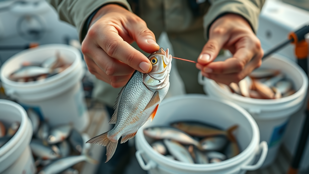 Expert angler carefully rigging live bait for Cabo fishing, close-up of hands and lively baitfish glistening in realistic detail